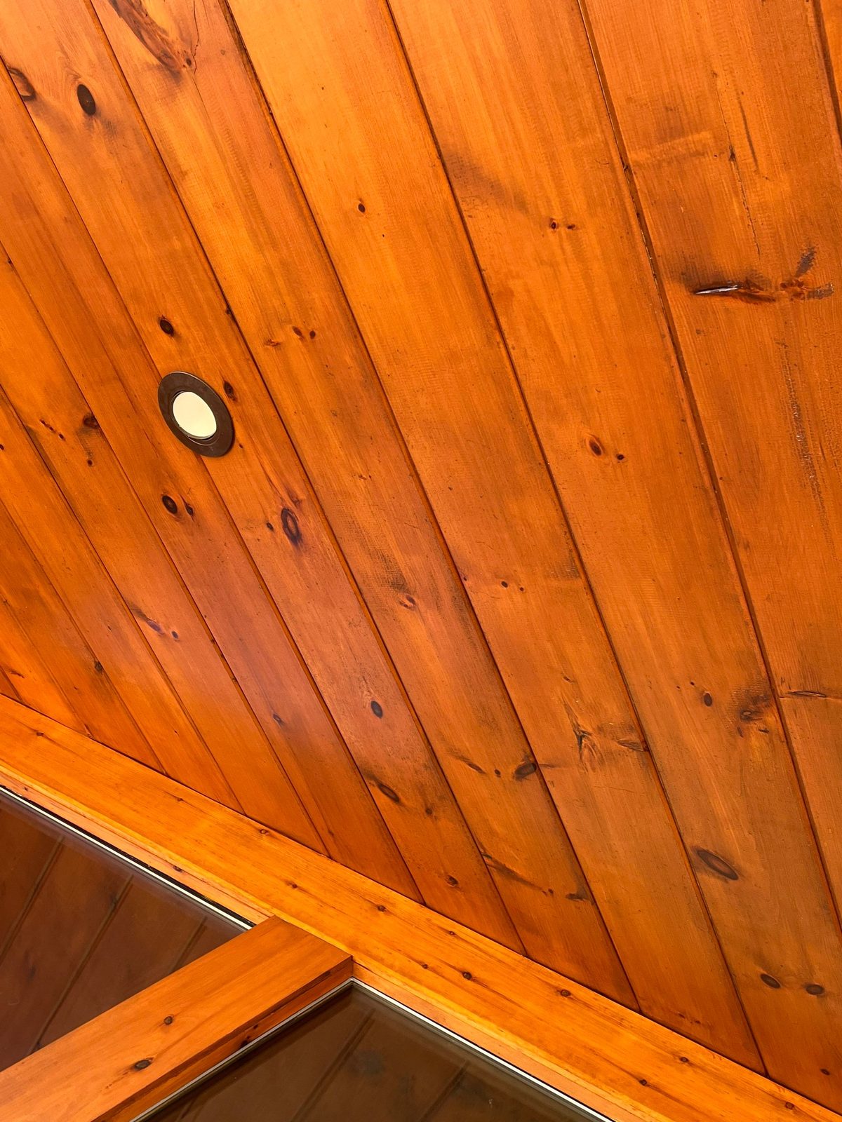 Bright tongue-and-groove ceiling boards after professional cabin cleaning